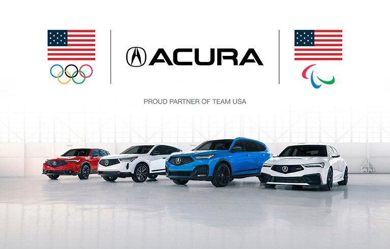 2026 Acura ADX, RDX, MDX and Integra lined up in a studio with Team USA logos. 2026 Acura ADX, RDX, MDX and Integra lined up in a studio with Team USA logos.
