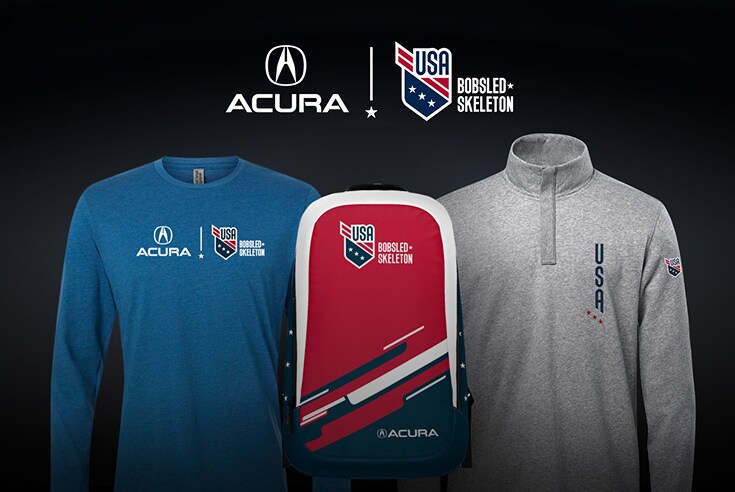 Acura and USA Bobsled Skeleton apparel collection featuring shirts and a backpack on a dark background. Acura and USA Bobsled Skeleton apparel collection featuring shirts and a backpack on a dark background.