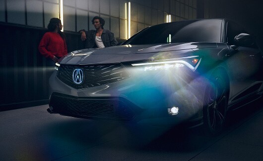 Acura Integra A-Spec with Technology Package in Urban Gray Pearl with Acura Genuine Accessory Illuminated Front Emblem.