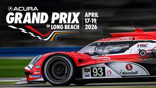 2026 Acura ARX-06 in red profile racing on a track with Grand Prix of Long Beach Logo.