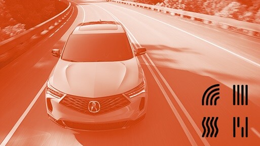 2026 Acura RDX SH-AWD front view, driving on a winding road (Premium Sport Crossover SUV).