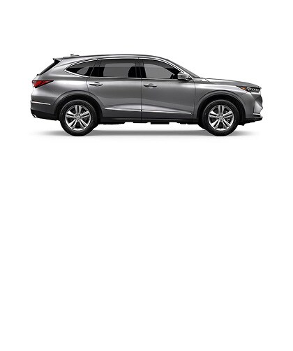 Acura 2026 MDX shown in Solar Silver Metallic, side view (Premium Performance SUV).