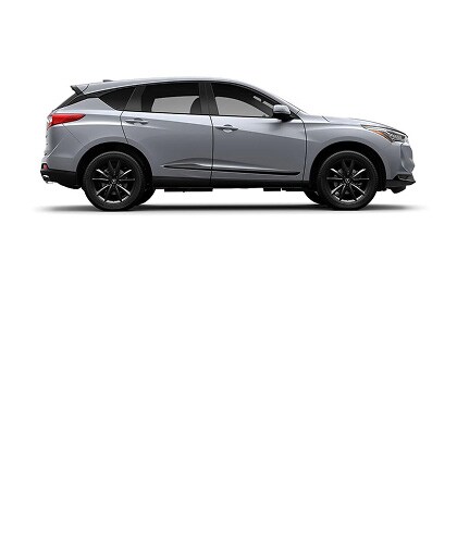 Acura 2026 RDX shown in Solar Silver Metallic, side view (Premium Sport Crossover SUV).