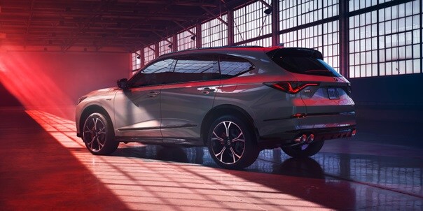 Acura MDX Type S Advance 3/4 rear view in Urban Gray Pearl