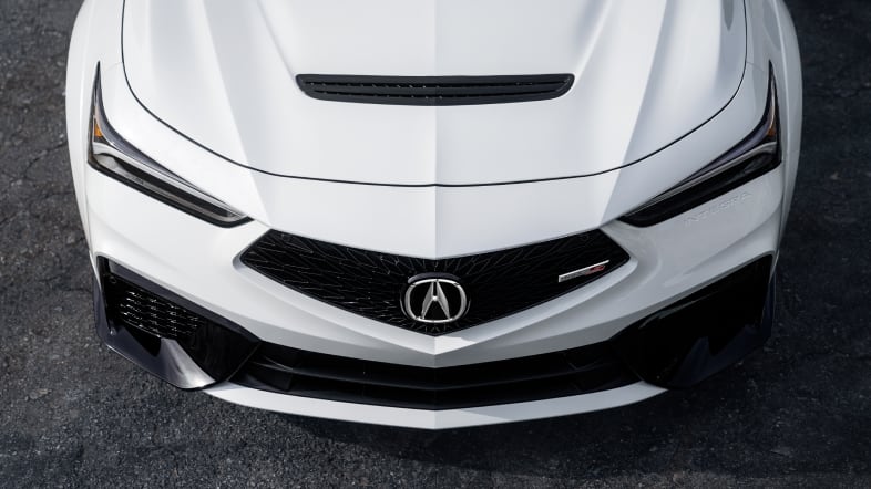 Acura Integra Type S in Platinum White Pearl, high angle view of vented hood