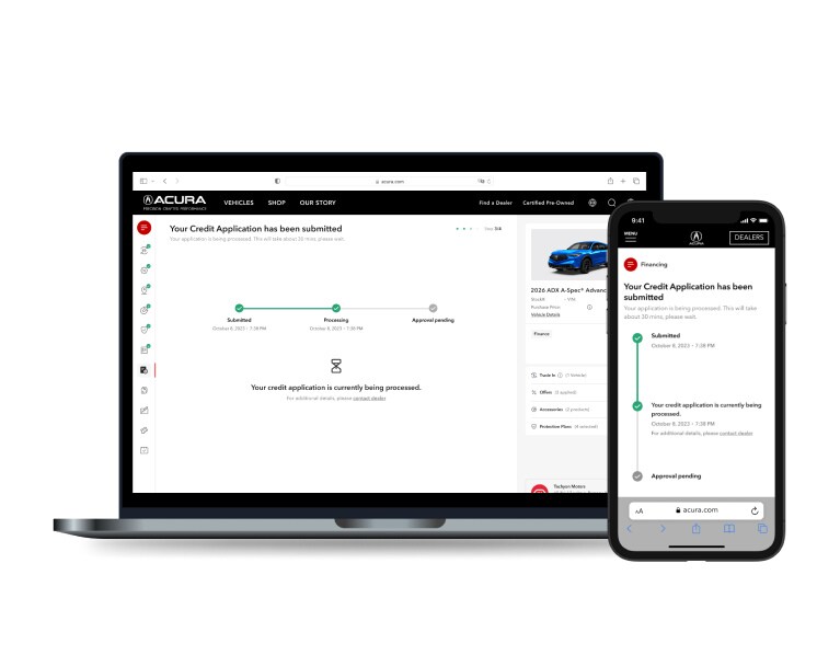 On the left a laptop screen showing the credit application screen with the application status and on the right a phone screen showing the credit application screen with the application status