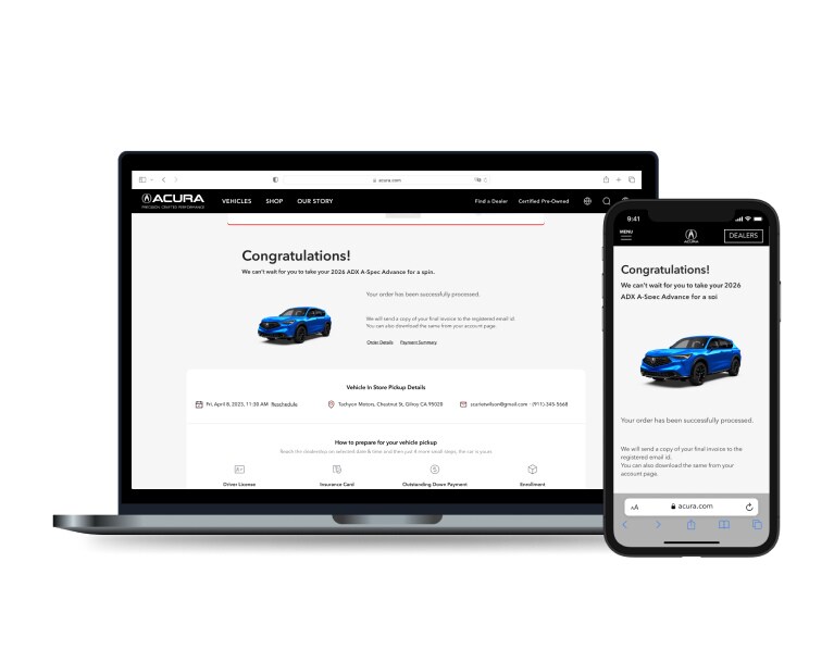 On the left a laptop screen showing order approved and processed and on the right a phone screen showing order approved and processed