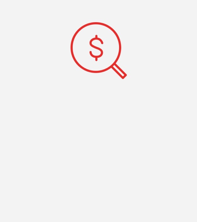 Icon of a magnifying glass and dollar sign for transparent pricing