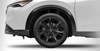 2026 Acura ADX shown in Platinum White Pearl featuring the 19-in Berlina Black Alloy Wheels accessories.