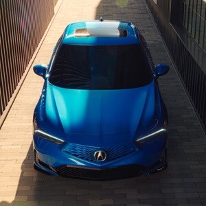 2026 Acura Integra front top view in Double Apex Blue Pearl.
