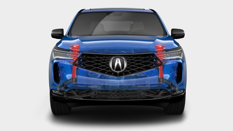 Acura 2025 RDX A-Spec in Apex Blue Pearl with front suspension highlighted for Handling