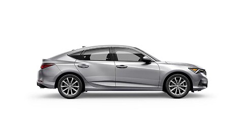 Acura 2026 Integra shown in Solar Silver Metallic, side view (Premium Sport Compact).