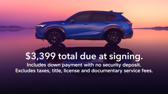 2026 Acura ADX in Adriatic Sea Blue Metallic profile on salt flats at sunset with reflection with on screen offer text for lease, $3,399 total due at signing. Includes down payment with no security deposit. Excludes taxes, title, license and documentary service fees. (Premium Compact SUV).
