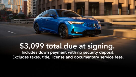 2026 Acura Integra A-Spec with Technology in Double Apex Blue Pearl front driving on a city street with on screen offer text for lease, $3,099 total due at signing. Includes down payment with no security deposit. Excludes taxes, title, license and documentary service fees. (Premium Sport Compact).